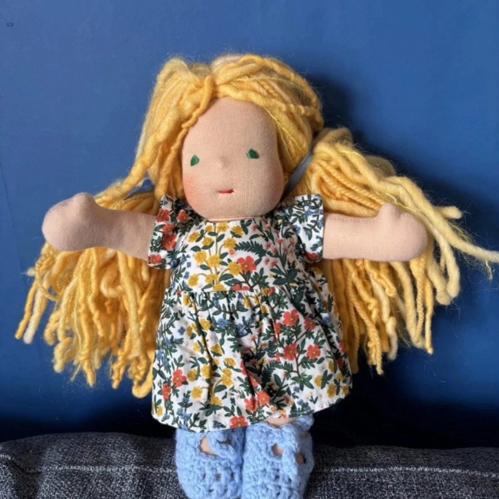 Handcrafted Doll with Floral Dress and Yellow Hair
